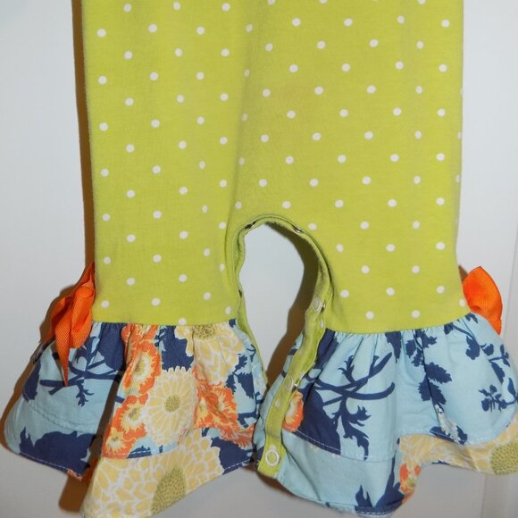 MOLLY & MILLIE Girls 12M Green Polka Dot Fox Applique Romper 1pc Ruffle Hem Bow - Picture 5 of 5